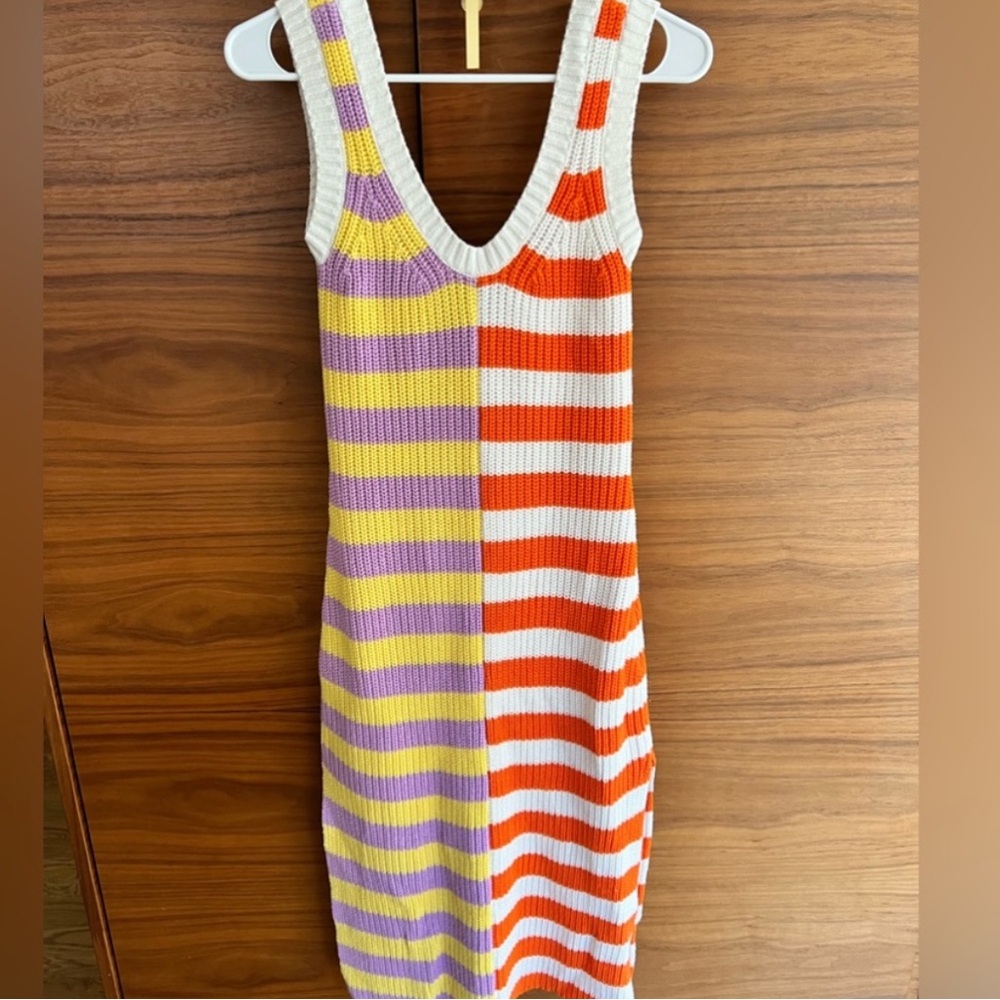 STAUD Colorblock Striped Knit Tank Dress in Lavender, Yellow, Orange & White - Picture 2 of 2